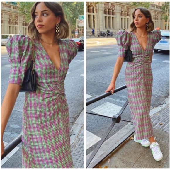 Zara Dresses & Skirts - NEW Zara Puff Sleeves Crinkle Check Print Midi Dress